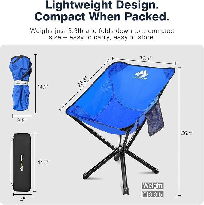 Lightweight Folding Camping Chair — 3.3 lb Compact Portable Design, One-Piece No Assembly Structure, Aluminum Frame, Easy Carry Chair for Travel, Hiking, Camping & Beach
