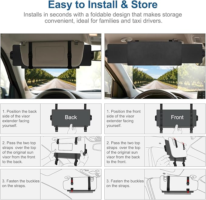 Veharvim Sun Visor Extender for Car (Polarized, UV400, PC Lens, 2 Side Sunshade), Car Visor Extender Sun Blocker, Visor Extender Attachment, Anti-Glare for Safe Driving