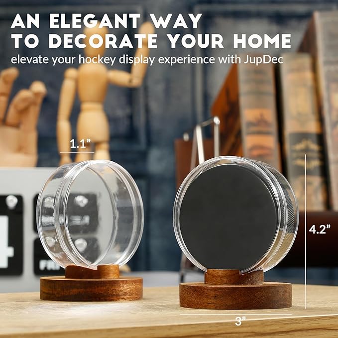 JupDec Hockey Puck Display Case Acrylic Clear Holder with Wood Base, Autograph Souvenir Display Stand, Perfect Showcase for Your Collection, Brown, 2 Pack