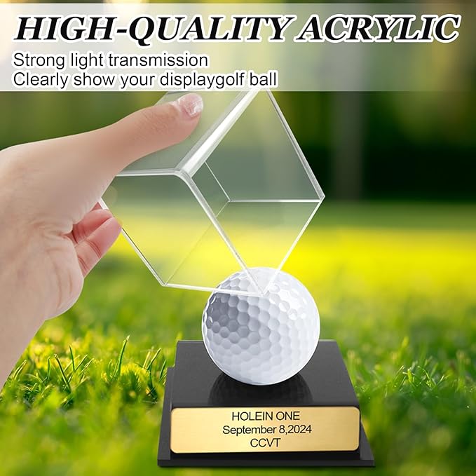 Custom Golf Hole-in-One Display Case, Acrylic Golf Ball Display Case, Custom Engraved Plaque, Commemorate Your Hole in One Shot (Golden)