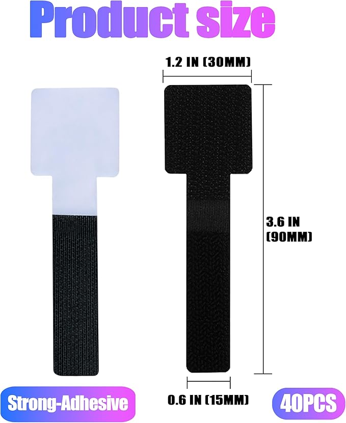 40 Hook and Loop Cable Ties, Sticky-back Cord Organizer, Cable Clip, Cable Management Under Desk, Self Adhesive Hook and Loop Cable Straps, Adjustable Nylon Wire for Home, Office (Black)