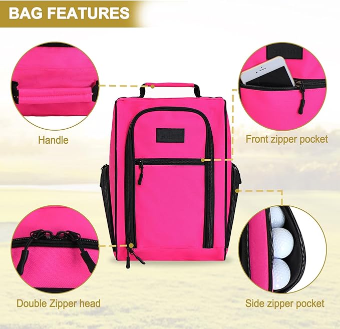 Goloni 2Pcs Golf Shoe Bag for Men & Women, Padded Travel Shoe Bag with Side Accessory Pockets,Sport Shoe Carrier for Golf Shoes,Socks,Tees & Balls,Durable & Lightweight Design (Black+Pink)