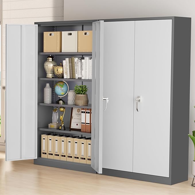 Greenvelly Metal Storage Cabinet with Doors and Shelves, 72'-Inch Locking Metal Cabinet for Garage, Office, School, Warehouse (White Gray)