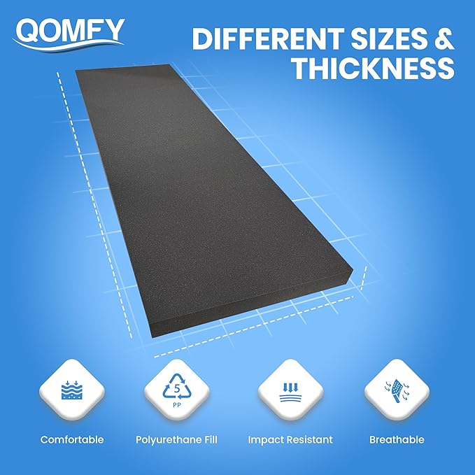 QOMFY 3" Height x 18" Width x 24" Length Charcoal Upholstery Foam Sheet | Made in USA | Multi-Purpose Foam for Upholstery, DIY, Packaging & Acoustic Projects