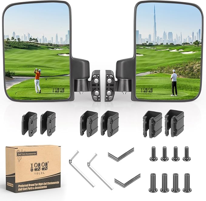 10L0L Golf Cart Mirror No Drilling Side Mirrors Universal for Yamaha, Club Car, EZGO, Folding Side Rear View Mirrors Adjustable 180 Degree HD Glass