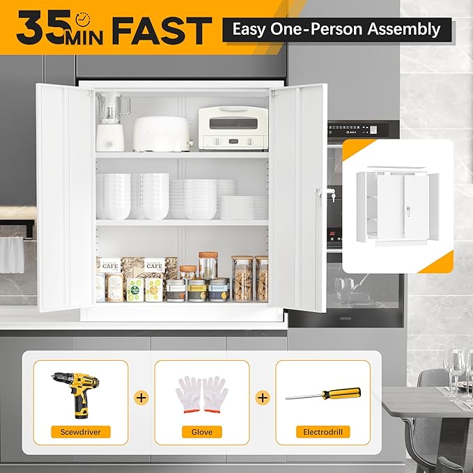 Greenvelly Metal Storage Cabinet - 36" H, Lockable Steel File Cabinet with Adjustable Shelves - Ideal for Home Office, Garage & School (32" W x 16" D White)