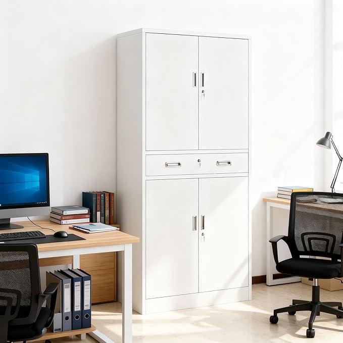 BESFUR 71" H Metal Storage Cabinet with 1 Lockable Drawer and 2 Lockable Doors, Garage Storage Cabinet with 2 Adjustable Shelves, Locking Cabinet for Garage, Office, School - White