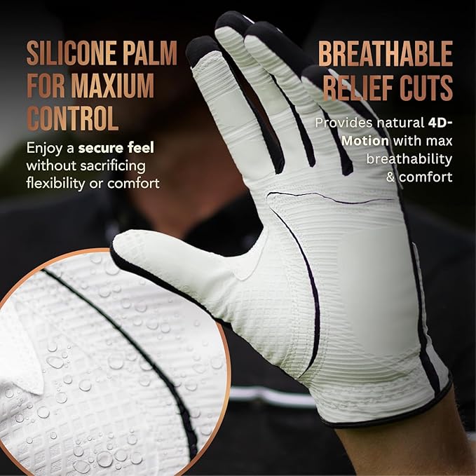 Copper Tech Golf Gloves Men Right Handed Golfer Or Left Handed Golfer (2 Pack) | Copper Compression Joint Support with Flexible & Comfortable Fit | AAA Leather Construction & Tacky Silicone Pad