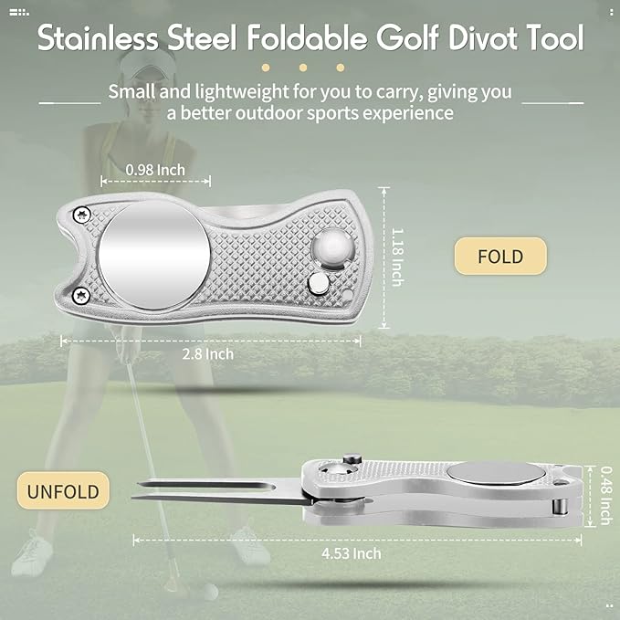 Skylety 4 Pcs Golf Divot Repair Tool Metal Foldable Golf Divot Tool with Magnetic Pop-up Button Ball Marker Stainless Steel Switchblade for Golfers Prizes