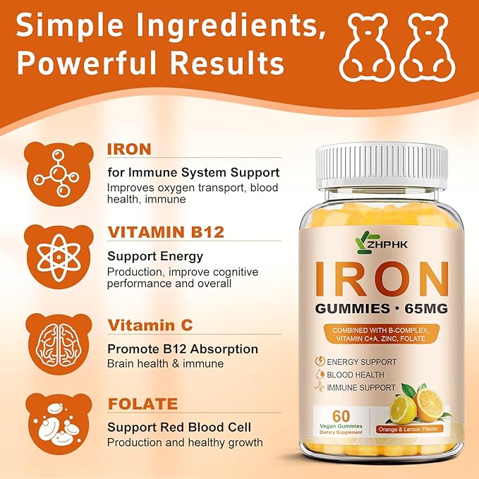 Iron Supplement Gummies, 65mg Iron and 250mg Vitamin C for Women Men Kids, Natural Vegan with Vitamin A, B-Complex, Biotin, Zinc & Folate Energy Support & Immune Health, 60 Count