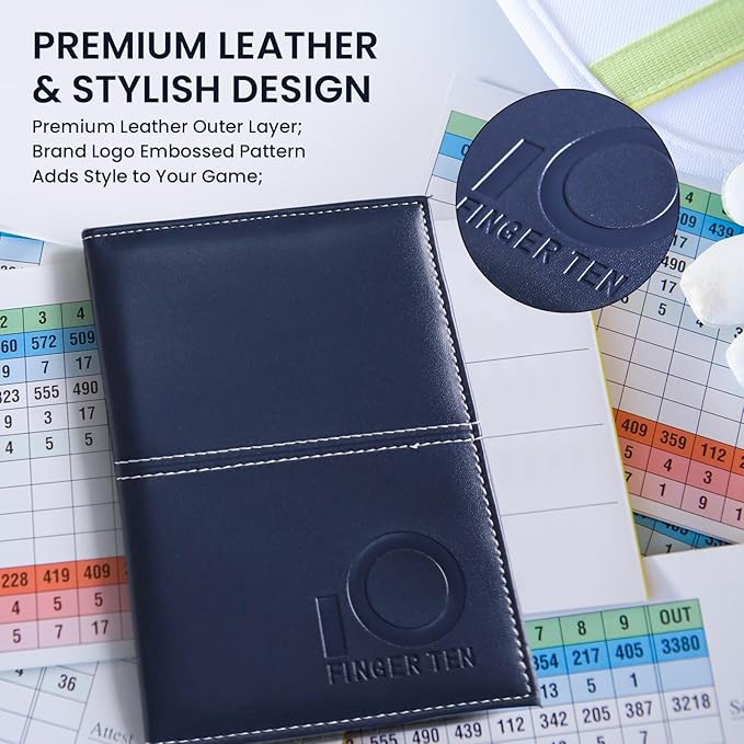 FINGER TEN Golf Scorecard Holder Leather Yardage Books Cover Lucky Clover with 2 Free Pencil Value Pack Deluxe Pocket Score Card Covers Gift for Men Women Golfer