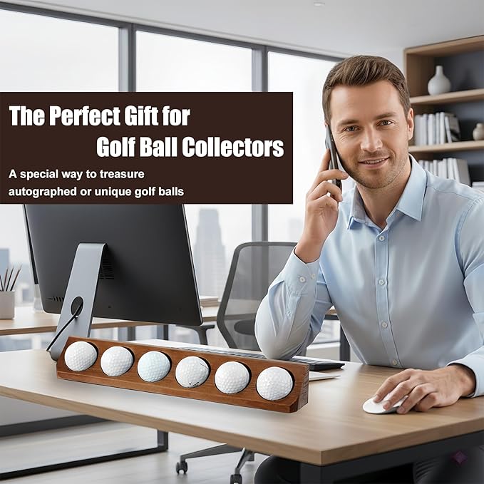 Wooden Golf Ball Display Case 1 Pack, Golf Ball Holder Display with Wall Mount & Tabletop Stand - Displays 6 Standard Size Golf Balls, Golf Accessories Gift for Men (Walnut Color)