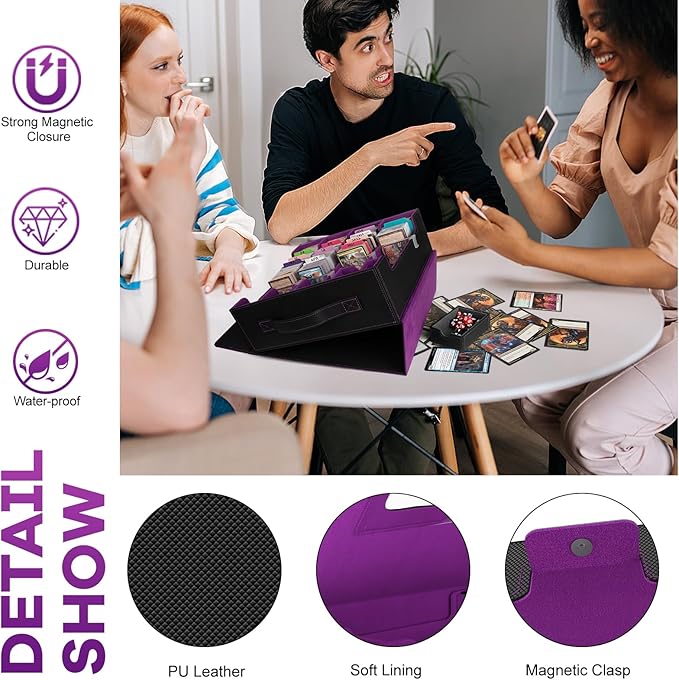 Trading Card Storage Box - 3200+ MTG Deck Box with Commander Display & Portable Handle, 4-Row Card Case Compatible for MTG/TCG/Magic Cards, 30 Colorful Divider, 8 Card Supporters (Black & Purple)