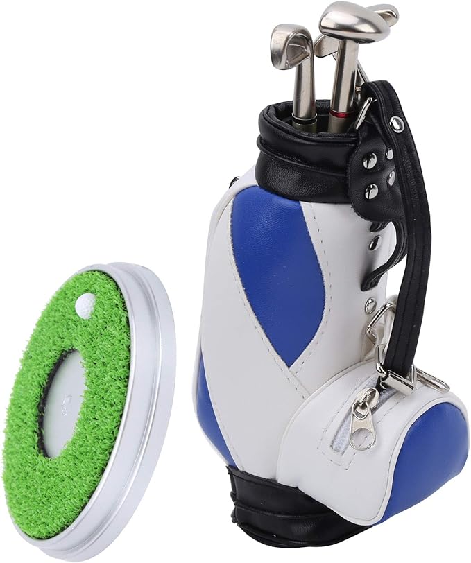 Golf Bag Pen Holder, Mini Desktop Zinc Alloy Golf Bag Pen Holder Set with Golf Pens Gift Souvenir for Golfers Office Decor (Blue White)