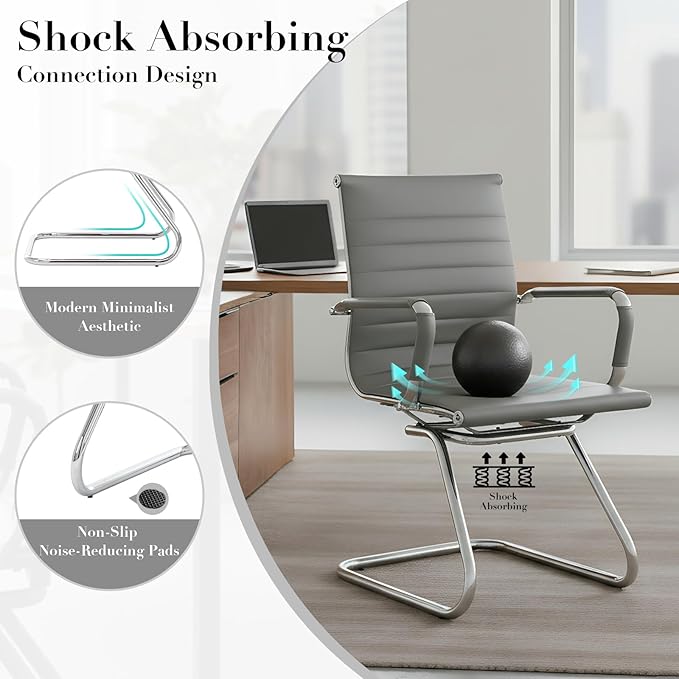 CIMOTA Waiting Room Chairs Leather Office Guest Chair Mid Back Reception Chairs with Sled Base for Meeting/Patient/Conference Room, Grey Set of 2