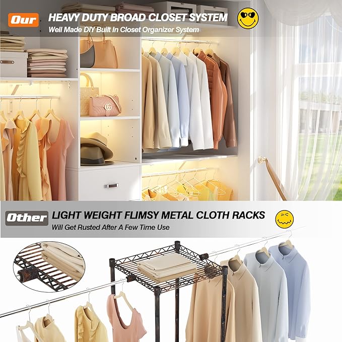 8FT Closet System, 96'' Closet Organizer System with 3 Hanging Rods, Wall Mount Bedroom Wardrobe with 3 Drawers Walk-in Closet, Adjustable Cloth Garment Rack from 5 to 8FT (Cut to Fit), White