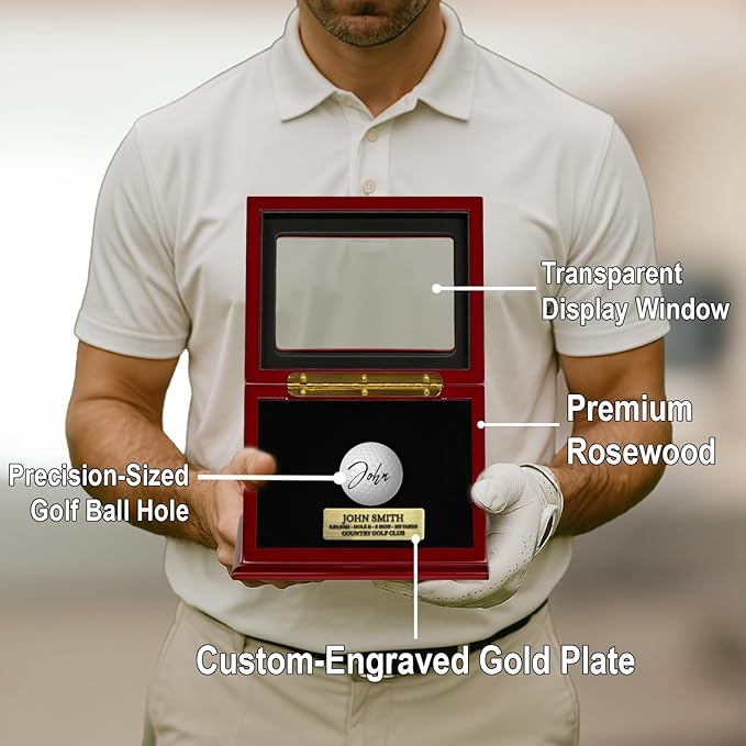 Custom Golf Ball Display Case for Hole-in-One Balls - Premium Walnut Wood Memorabilia Box with Engraved Metal Plate, UV Protection & Single Ball Holder for Dad, Husband