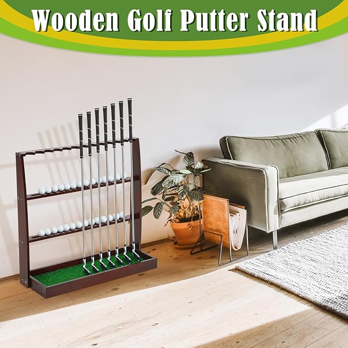 Lenwen Golf Putter Stand Wooden Display Rack Golf Club Holder Stand, Brown Golf Club Organizer for Storage Sports Indoor Home Garage