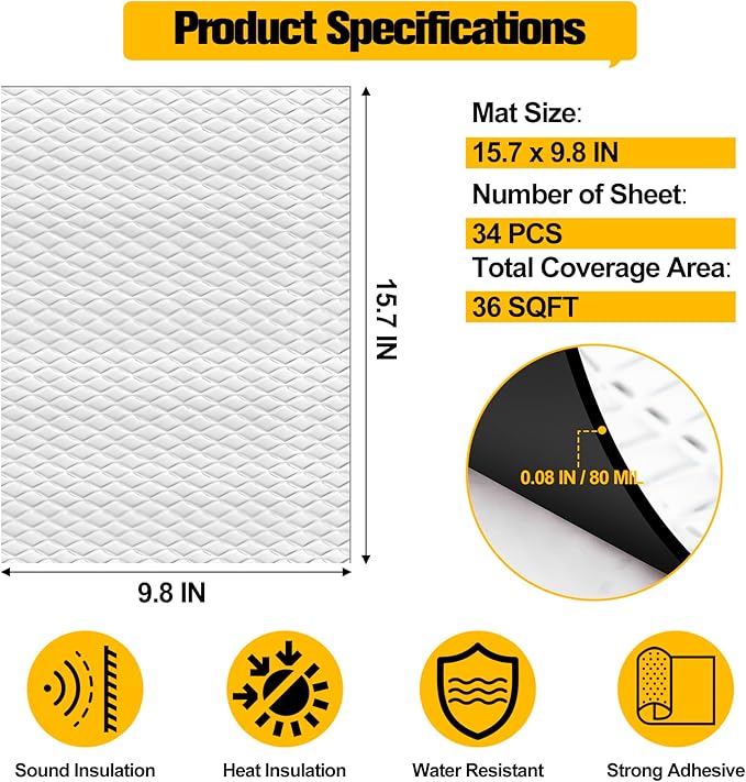 MYFAMIREA 36 sqft Car Sound Deadening, Sound Deading Material Mat for Car 80mil(2mm), Butyl Automotive Sound Deadening with Self-Adhesive, Noise Insulation and Dampening, Auto Deadener for Trunk, 34P