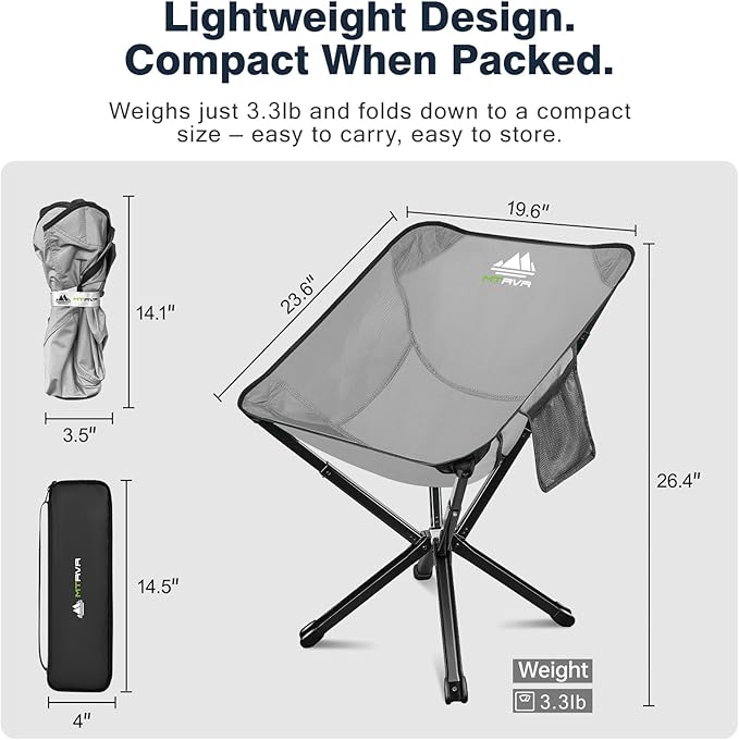 Lightweight Folding Camping Chair — 3.3 lb Compact Portable Design, One-Piece No Assembly Structure, Aluminum Frame, Easy Carry Chair for Travel, Hiking, Camping & Beach