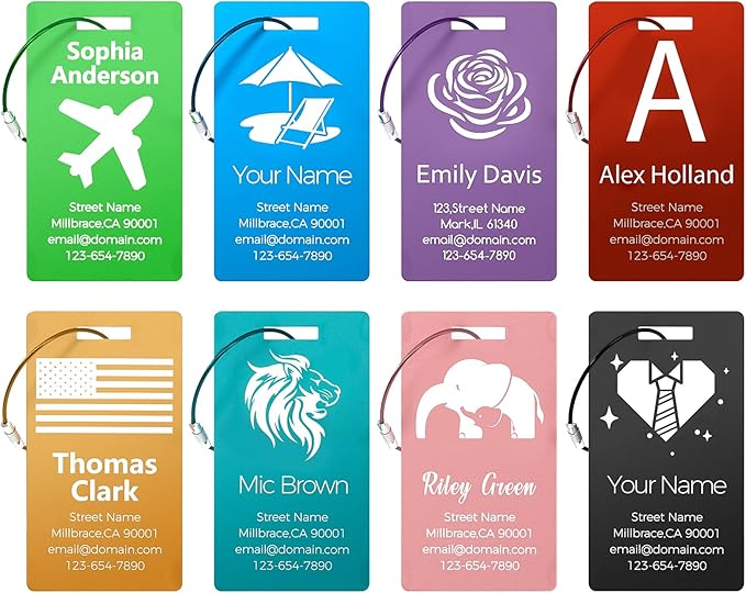 4 Pack Personalized Luggage Tags, Custom Engraved Aluminum Luggage Tags with Your Personalized Text, Waterproof Metal Name Tags with Steel Loop for Bags, Suitcase, Baggage, Backpack (Black, Large)