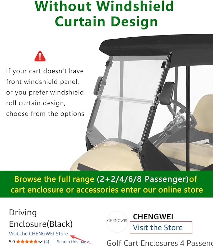 Golf Cart Enclosure 2 Passenger for Club Car Precedent,600D Clear Rain Cover Driving Enclosure 2 Seater,Full Roll Up 3 Sided Transparent Windows&Door with Heavy Duty Zipper,Side Mirrors Openings