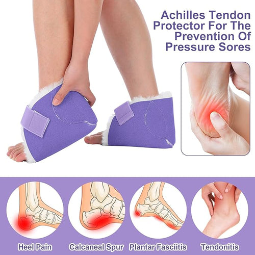 2 Pcs Heel Protectors for Pressure Sores Sheepskin Heel Pads Soft Foot Cushions Pad Protectors Adjustable Foot Pillows with Securing Strap for Bed Sore Ankle Ulcers(Purple)