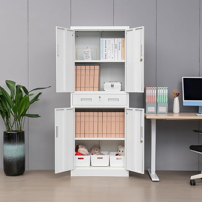 BESFUR 71" H Metal Storage Cabinet with 1 Lockable Drawer and 2 Lockable Doors, Garage Storage Cabinet with 2 Adjustable Shelves, Locking Cabinet for Garage, Office, School - White