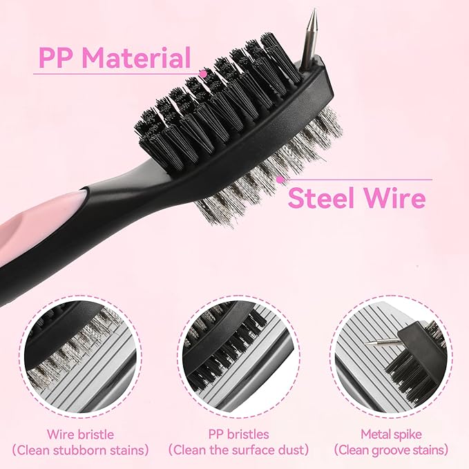 Aulock Golf Towel and Brush Set, Microfiber Towels for Golf Bags, Women Cleaning Kit with Ball Marker Golf Divot Tool Brush, Pink