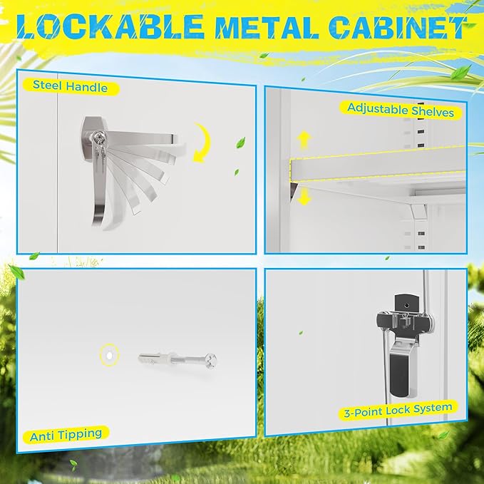 Pataku Metal Storage Cabinet, 72" Garage Cabinet with Doors and Shelves Lockable Steel Multifunctional Cabinets, White File Cabinets for Home, Office, Warehouse