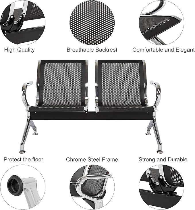 2-Seat Waiting Room Chairs - Waiting Room Bench with Arms Airport Reception Bench Guest Reception Chairs Lobby Bench Waiting Area for Airport Market Bank Hospital School Barbersho, Black
