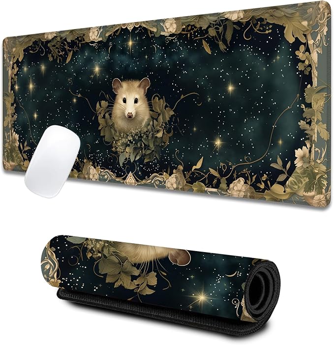 Vintage Possum Large Gaming Desk Mat,Rubber Non-Slip Retro Opossum Nighttime Floral Frame Mouse Pad,31.5x11.8x0.12in Extended Mousepad,Game Lover Mice Pads Gifts,Office Home Deskmat Decor