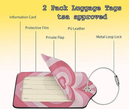 2 PCS Luggage Tags for Suitcase Pink Heart Leather Suitcases Tag with Stainless Steel Loop and Name ID Address Label Privacy Cover for Women Men Travel Luggage Accessories