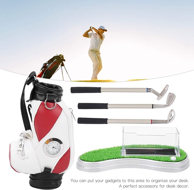 Golf Bag Pen Holder with Clock, Mini Golf Desk Decoration Set, Includes 3 Golf Ballpoint Pens and Card Case Kit, Perfect Golf Gift for Office or Club Match