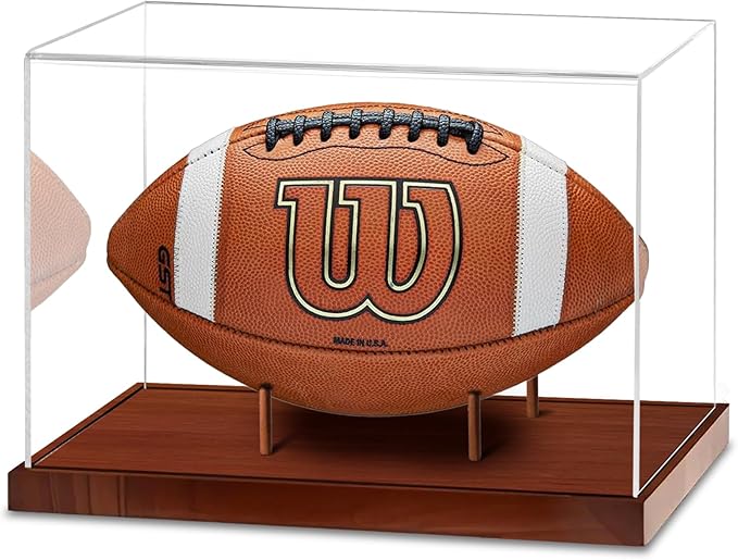 Football Display Case, Acrylic Football Case Clear, UV Protected Display Case with Solid Wood Base Stand for Full Size Signed Football Holder, Football Display Box for Football Fans & Collectors