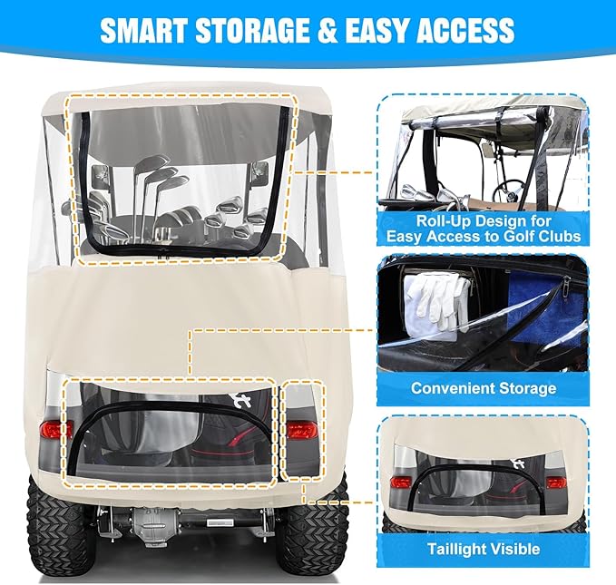 iLSKW Golf Cart Driving Enclosure 2 Passenger Only for Club Car Precedent 2004-Up, Tempo & Onward 2017-Up Cart with Roll Up Door Zipper Design, 4-Side Clear Windows 600D Heavy Duty Rain Cover