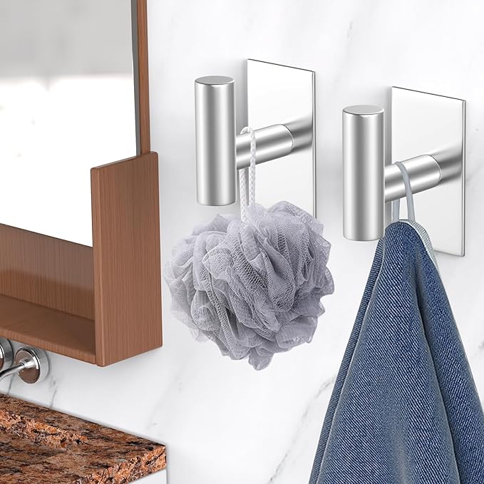 VAEHOLD Wall Towel Hooks, Heavy Duty Sticky Holder Waterproof Towel Hooks for Hanging Coat, Clothes, Closet Hook Wall Mount for Kitchen (Silver, 2 Pack)