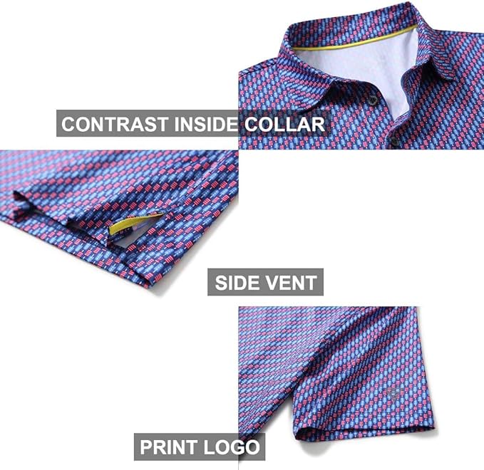 Golf Shirts for Men Dry Fit Short Sleeve Print Performance Moisture Wicking Polo Shirt