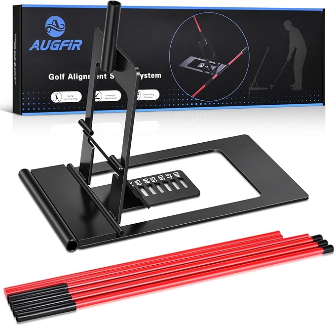 Golf Alignment Sticks Holder, Angle Adjustable Golf Training Aid, Weighted Golf Swing Trainer with Metal Sticks Practice Teaching Aid for Aiming, Putting, Swing