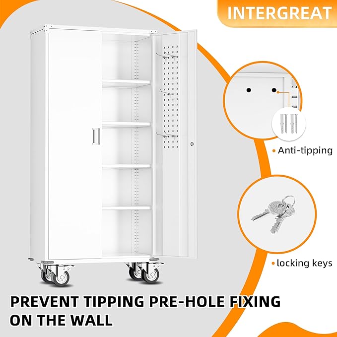 INTERGREAT Rolling Metal Cabinet with Wheels, 75" H Rolling Metal Cabinets with Pegboard, 18" D x 36" W Large Capacity Pulley Cabinet with Adjustable Shelves for Home Office, School, Garage(White)