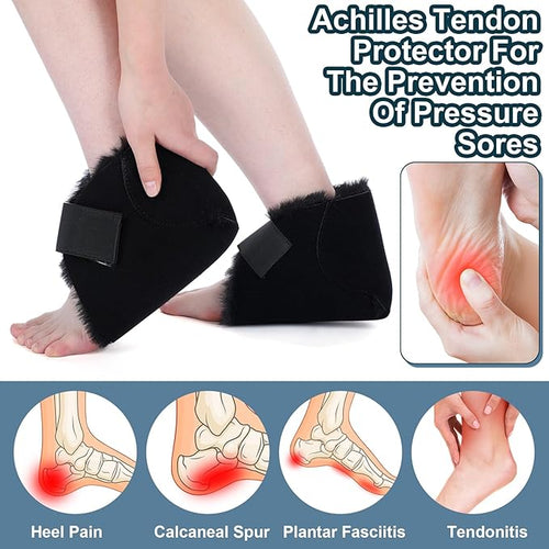 2 Pcs Heel Protectors for Pressure Sores Sheepskin Heel Pads Soft Foot Cushions Pad Protectors Adjustable Foot Pillows with Securing Strap for Bed Sore Ankle Ulcers(Black)