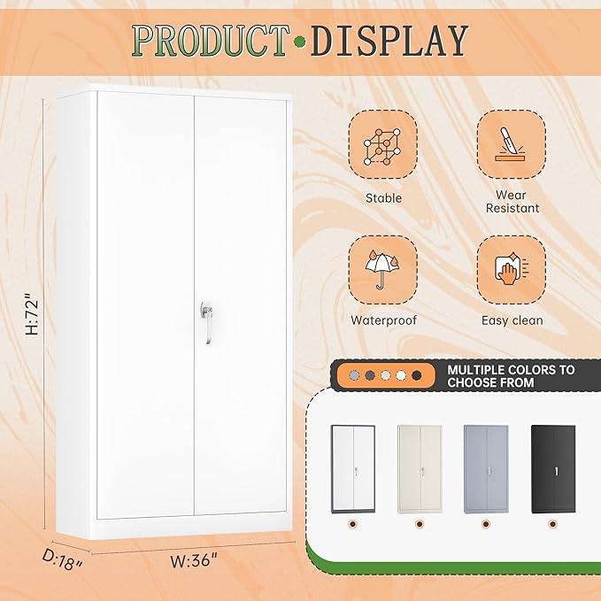 Greenvelly Metal Wardrobe Cabinet with Locking Doors, 72" H x 36" W White Metal Wardrobe Closet Cabinet with Hanging Rods and Adjustable Shelves, Steel Storage Closet for Home, Office, Employee, Gym