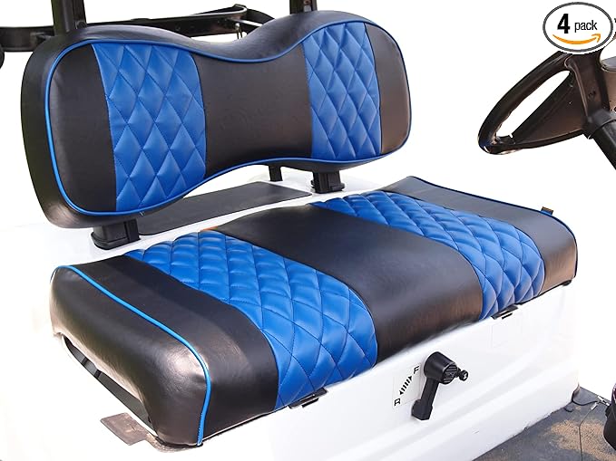 Huskey 4PCS Golf Cart Front/Rear Seat Covers for EZGO Medalist/TXT 94-13 Custom Two-Tone Black/Blue Diamond Stitching with Blue Piping, Marine Grade Vinyl Material, Staple on Design