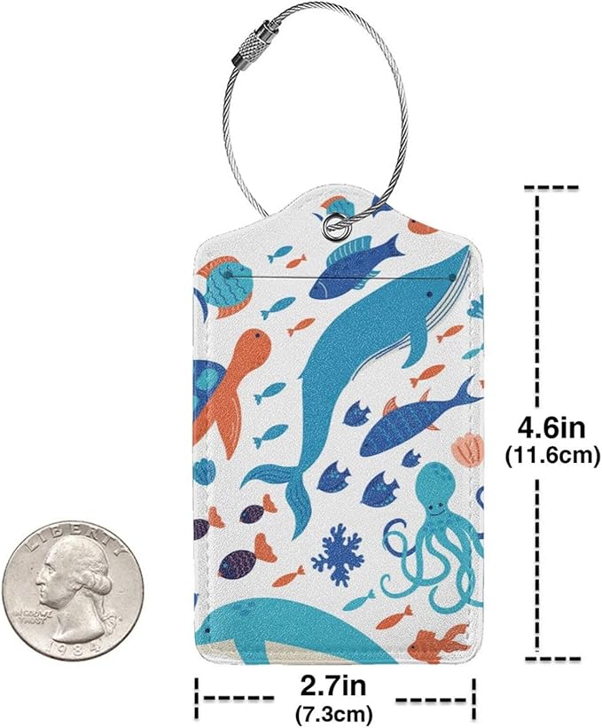 2 Pcs Underwater Ocean Sea of Animals Luggage Tags for Suitcases, Graffiti on Drawn of Marine Creatures Tags Birthday Gifts for Men Women Boy Girl Kid
