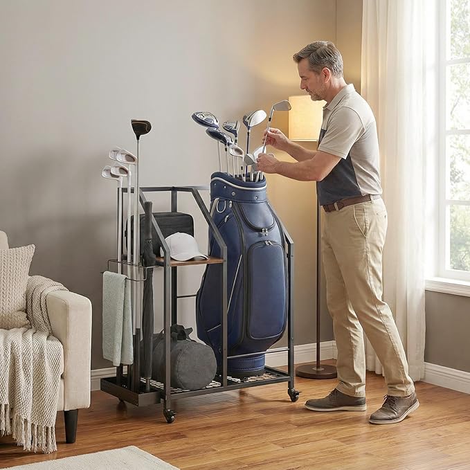 Golf Storage Organizer for Garage, Golf Bag Storage Rack with Wheels, Mobile Golf Club Rack for Garage, Heavy Duty Golf Bag Holder Stand with Rolling Wheels & Multi Storage