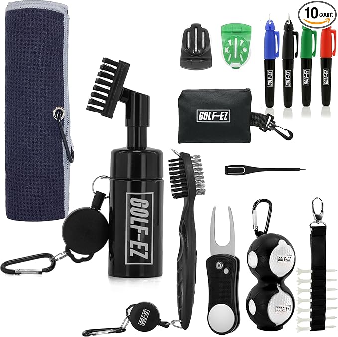 Golf Essentials Kit | Must Have Golf Accessories - Golf Water Brush, Golf Towel, Golf Club Brush, Golf Ball Marker, Divot Repair Tool, Golf Ball & Golf Tee Holder, Golf Gifts for Men