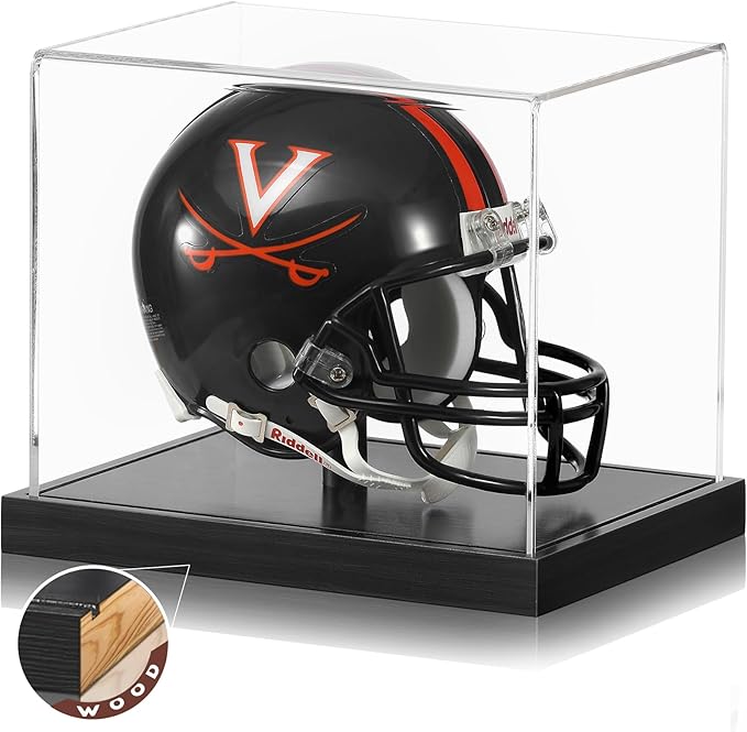 JupDec Mini Helmet Display Case, Acrylic Clear 1/2 Football Baseball Helmet Showcase, UV Protection Souvenirs and Collectibles Box with Solid Wood Base & Riser, Ideal Gift for Sports Enthusiast, Black