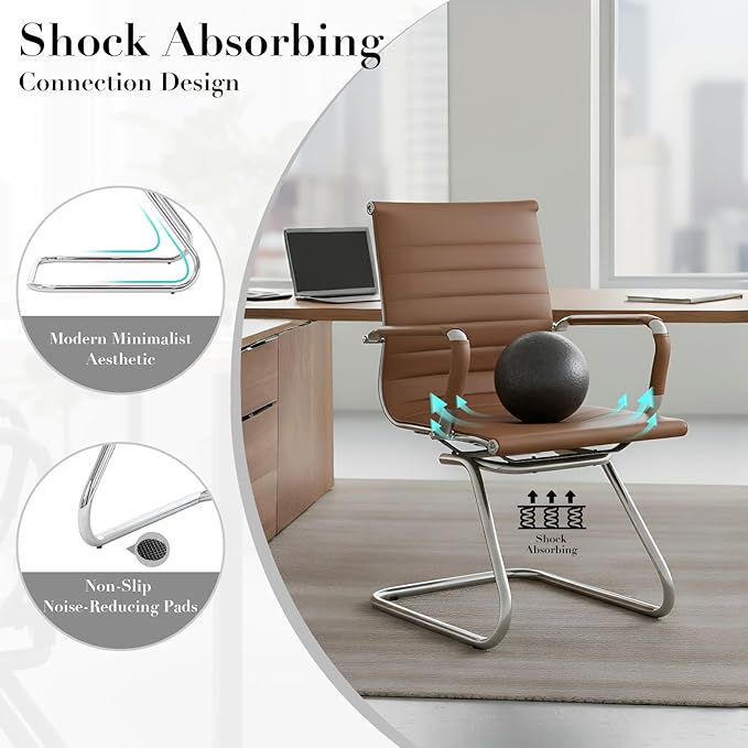 CIMOTA Waiting Room Chairs Set of 6 Leather Office Guest Chair Mid Back Reception Chairs with Sled Base for Meeting/Patient/Conference Room, Coffee, 6PCS
