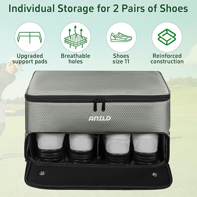 ANILD Golf Trunk Organizer, 2 Layer Golf Storage Case with Separate Ventilated Compartment for 2 Pair Shoes, for Balls, Tees, Clothes, Gloves, Accessories, Golfer Gifts