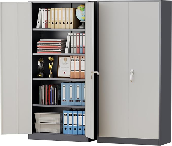 Pataku Metal Storage Cabinet, 71" Garage Cabinet with Doors and Shelves Lockable Steel Multifunctional Cabinets, File Cabinets for Home, Office, Garage, Warehouse(White Grey)